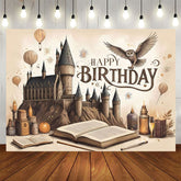 Aperturee - Aperturee Brown Wizard Castle Magic Book Happy Birthday Backdrop